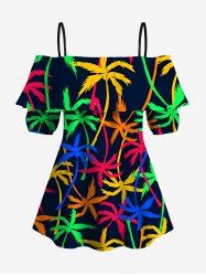 Blouse hawaïenne à imprimé cocotier coloré grande taille, épaules dénudées et volants, style hawaïen. Imprimé de cocotiers colorés. Grande taille. Chemisier à épaules dénudées et volants. - Noir 2XL