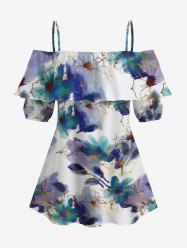 Blouse grande taille à imprimé floral aquarelle, style hawaïen, épaules dénudées et volants. - Pourpre  5XL