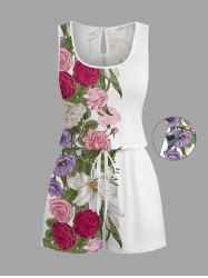 Combinaison hawaïenne à imprimé fleurs et feuilles grande taille avec cordon de serrage et poches - Blanc XXS
