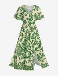 Robe midi trapèze grande taille à imprimé fleurs, feuilles et oiseaux, style hawaïen, avec poches fendues. - Vert 1X