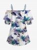 Blouse grande taille à imprimé floral aquarelle, style hawaïen, épaules dénudées et volants. - Pourpre  2XL