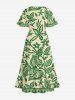 Robe midi trapèze grande taille à imprimé fleurs, feuilles et oiseaux, style hawaïen, avec poches fendues. - Vert 1X