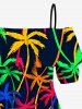 Blouse hawaïenne à imprimé cocotier coloré grande taille, épaules dénudées et volants, style hawaïen. Imprimé de cocotiers colorés. Grande taille. Chemisier à épaules dénudées et volants. - Noir 2XL