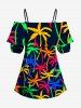 Blouse hawaïenne à imprimé cocotier coloré grande taille, épaules dénudées et volants, style hawaïen. Imprimé de cocotiers colorés. Grande taille. Chemisier à épaules dénudées et volants. - Noir 2XL
