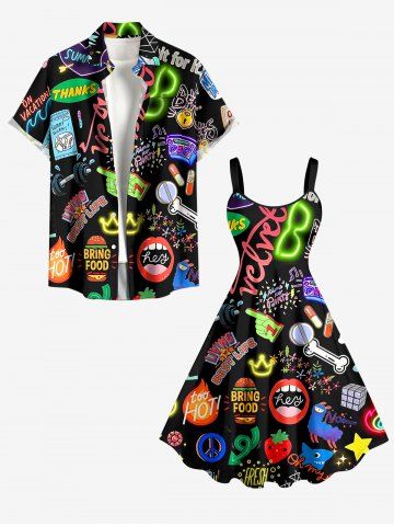 Neon Funny Letters Music Print Plus Size Matching Hawaii Beach Outfit For Couples - BLACK