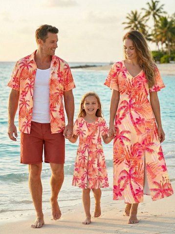 Coconut Tree Palm Leaf Flower Print Plus Size Matching Hawaii Beach Outfit For Family - RED