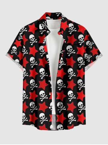 Plus Size Skulls Star Print Button Pocket Shirt For Men - RED - XL