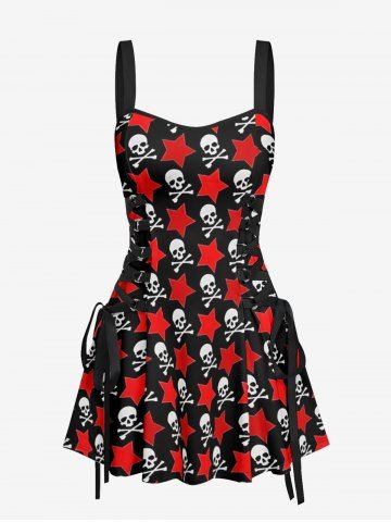 Skulls Star Print Lace Up A Line Dress - RED - XXXL