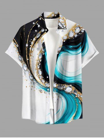 Plus Size Water Ripple Curve Diamond Print Hawaii Button Pocket Shirt For Men
