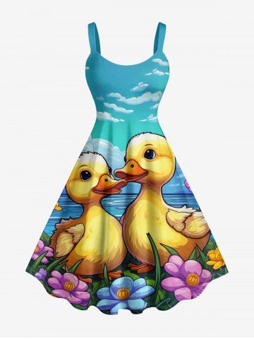 Robe trapèze hawaïenne à imprimé canard, fleurs et ciel, grande taille - SKY BLUE - L
