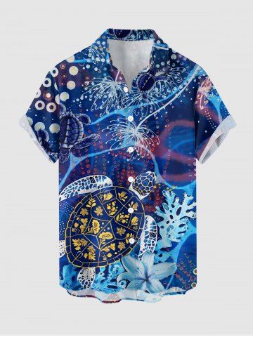 Plus Size Turtle Coral Flower Print Hawaii Sea Creatures Button Pocket Shirt For Men - BLUE - 4XL