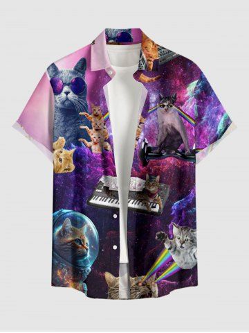 Plus Size Cat Astronaut Piano Ombre Galaxy Print Hawaii Button Pocket Shirt For Men - PURPLE - XL