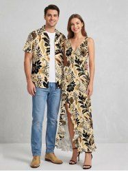 Tenue de plage hawaïenne assortie pour couples, à imprimé léopard et fleurs - café lumière 