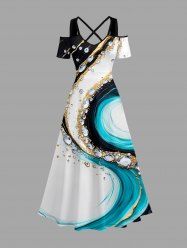 Robe longue trapèze à imprimé diamant et courbes ondulées, style hawaïen, épaules dénudées et croisée, grande taille - Blanc XXS