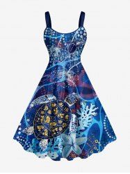 Robe trapèze grande taille à imprimé tortue, corail et fleurs, créatures marines d'Hawaï - Bleu 1X