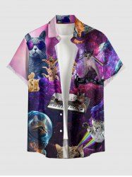 Plus Size Cat Astronaut Piano Ombre Galaxy Print Hawaii Button Pocket Shirt For Men - Pourpre  XL
