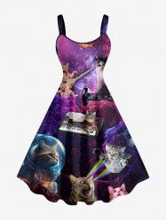 Cat Astronaut Piano Ombre Galaxy Print Hawaii A Line Dress - Pourpre  L