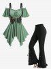 Butterfly Print T-shirt and Lace Up Pocket Ruffles Flare Pants Plus Size Outfit -  