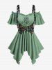 Butterfly Print T-shirt and Lace Up Pocket Ruffles Flare Pants Plus Size Outfit -  