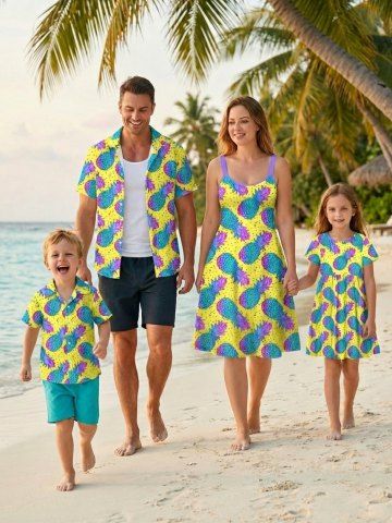Ombre Pineapple Pin Dot Print Plus Size Matching Hawaii Beach Outfit For Family - YELLOW