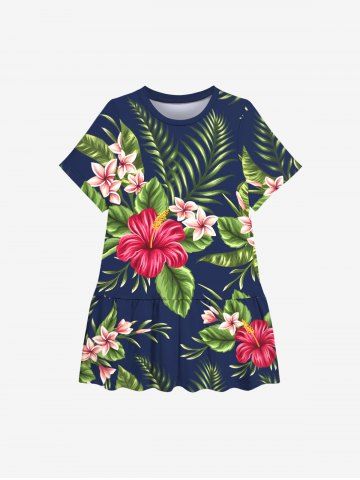 Kid's Tropical Leaf Hibiscus Flower Print Hawaii Dress - CADETBLUE - 130