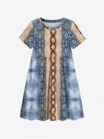 Kid's Snake Pattern Geometric Textured Print Hawaii A Line Dress - BLUE - 150