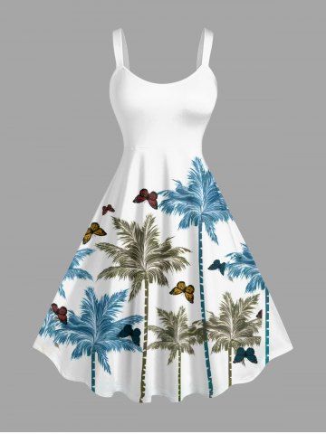 Plus Size Coconut Tree Butterfly Print Hawaii A Line Dress - WHITE - XXS