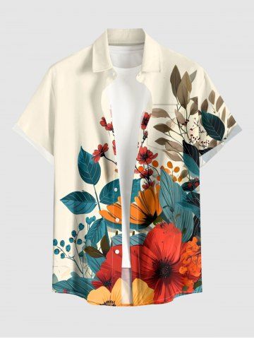 Plus Size Flower Leaf Branch Print Hawaii Button Pocket Shirt For Men - LIGHT COFFEE - 5XL