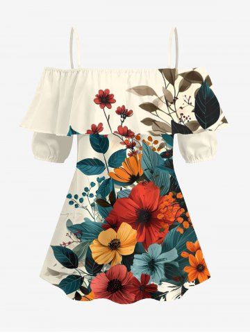 Plus Size Flower Leaf Branch Print Hawaii Cold Shoulder Ruffles Blouse - LIGHT COFFEE - 4XL