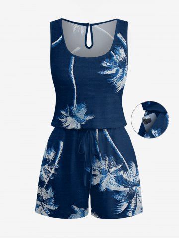 Combinaison hawaïenne à imprimé cocotier et poches à cordon de serrage, grande taille - DEEP BLUE - M