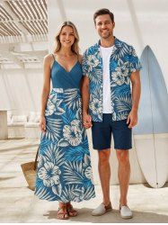 Tropical Leaf Hibiscus Flower Print Plus Size Matching Hawaii Beach Outfit For Couples -  