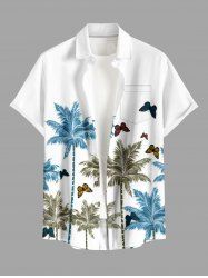 Coconut Tree Butterfly Print Hawaii Button Pocket Shirt For Men -  