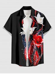 Plus Size Flower Curve Stars Print Hawaii Button Pocket Shirt For Men - Noir 3XL
