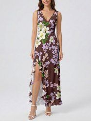 Robe hawaïenne à imprimé feuilles et fleurs, fendue et à volants - Rouge foncé XXXL