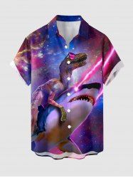 Dinosaur Shark Ombre Galaxy Print Hawaii Button Pocket Shirt For Men -  