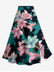 Lily Flower Print Hawaii Split A Line Skirt - Vert profond M