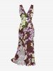 Leaf Flower Print Hawaii Ruffles Split Dress -  