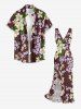 Robe hawaïenne à imprimé feuilles et fleurs, fendue et à volants - Rouge foncé XXXL