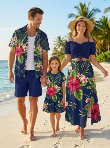 Tropical Leaf Hibiscus Flower Print Plus Size Matching Hawaii Beach Outfit For Family - CADETBLUE