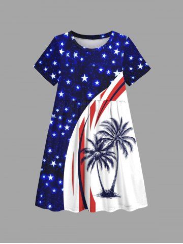 Kid's Coconut Tree Patriotic American Flag Curve Print Hawaii Dress - BLUE - 120