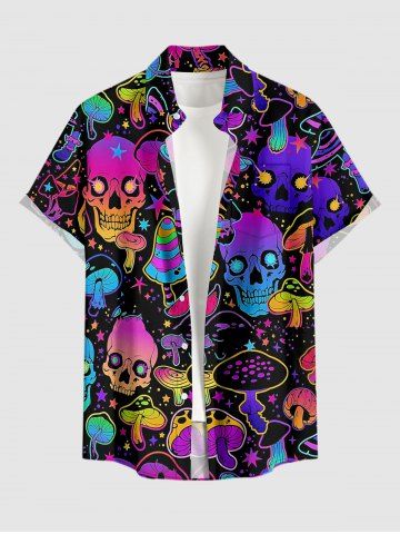 Plus Size Colorful Ombre Skulls Mushroom Print Hawaii Button Pocket Shirt For Men - PURPLE - 4XL