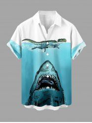 Plus Size Shark Dinosaur Sea Print Hawaii Button Pocket Shirt For Men - Pers 5XL