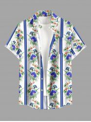 Plus Size Tropical Leaf Flower Striped Print Hawaii Button Pocket Shirt For Men - Bleu Ciel M