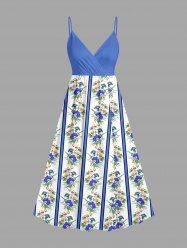 Plus Size Tropical Leaf Flower Striped Print Hawaii Surplice A Line Cami Dress - Bleu Ciel L