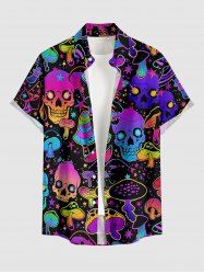 Colorful Ombre Skulls Mushroom Print Hawaii Button Pocket Shirt For Men - Pourpre  4XL