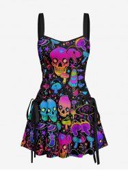 Colorful Ombre Skulls Mushroom Print Hawaii Lace Up A Line Dress - Pourpre  S