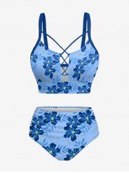 Tropical Leaf Flower Print Hawaii Lace Up Tankini Swimsuit (Adjustable Shoulder Strap) - Bleu Ciel S