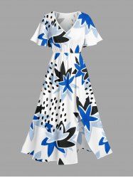 Strawberry Flower Print Hawaii Split Pocket A Line Midi Dress - Blanc S