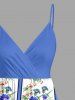 Plus Size Tropical Leaf Flower Striped Print Hawaii Surplice A Line Cami Dress - Bleu Ciel L