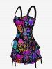 Colorful Ombre Skulls Mushroom Print Hawaii Lace Up A Line Dress - Pourpre  S